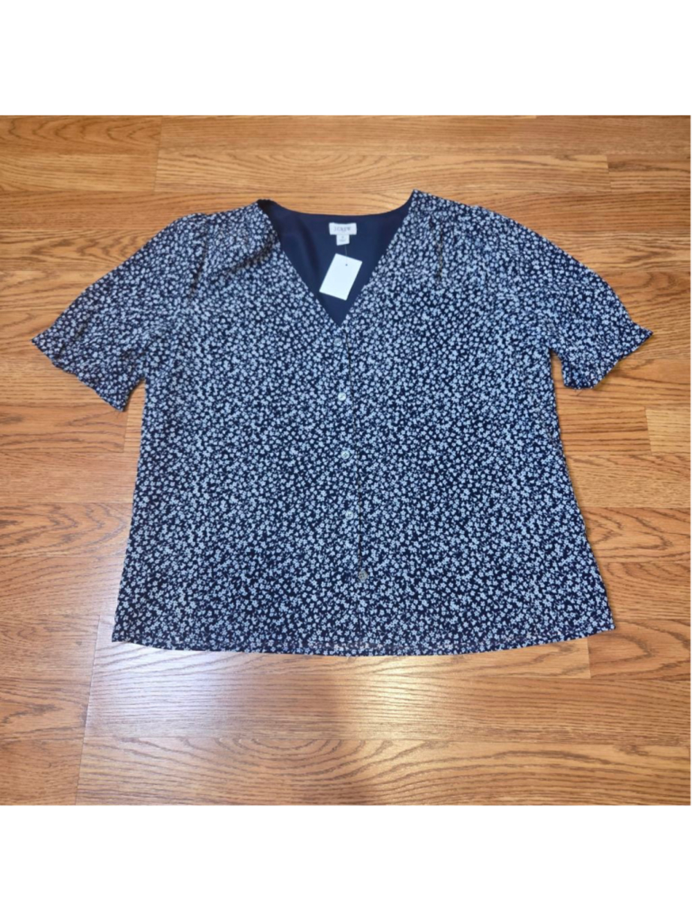 J.Crew Navy White Floral V-Neck Blouse, Size S
